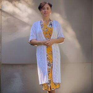 Cotton Blend Knit Open Weave Full Length Cardigan Duster Off White Excellent S-M